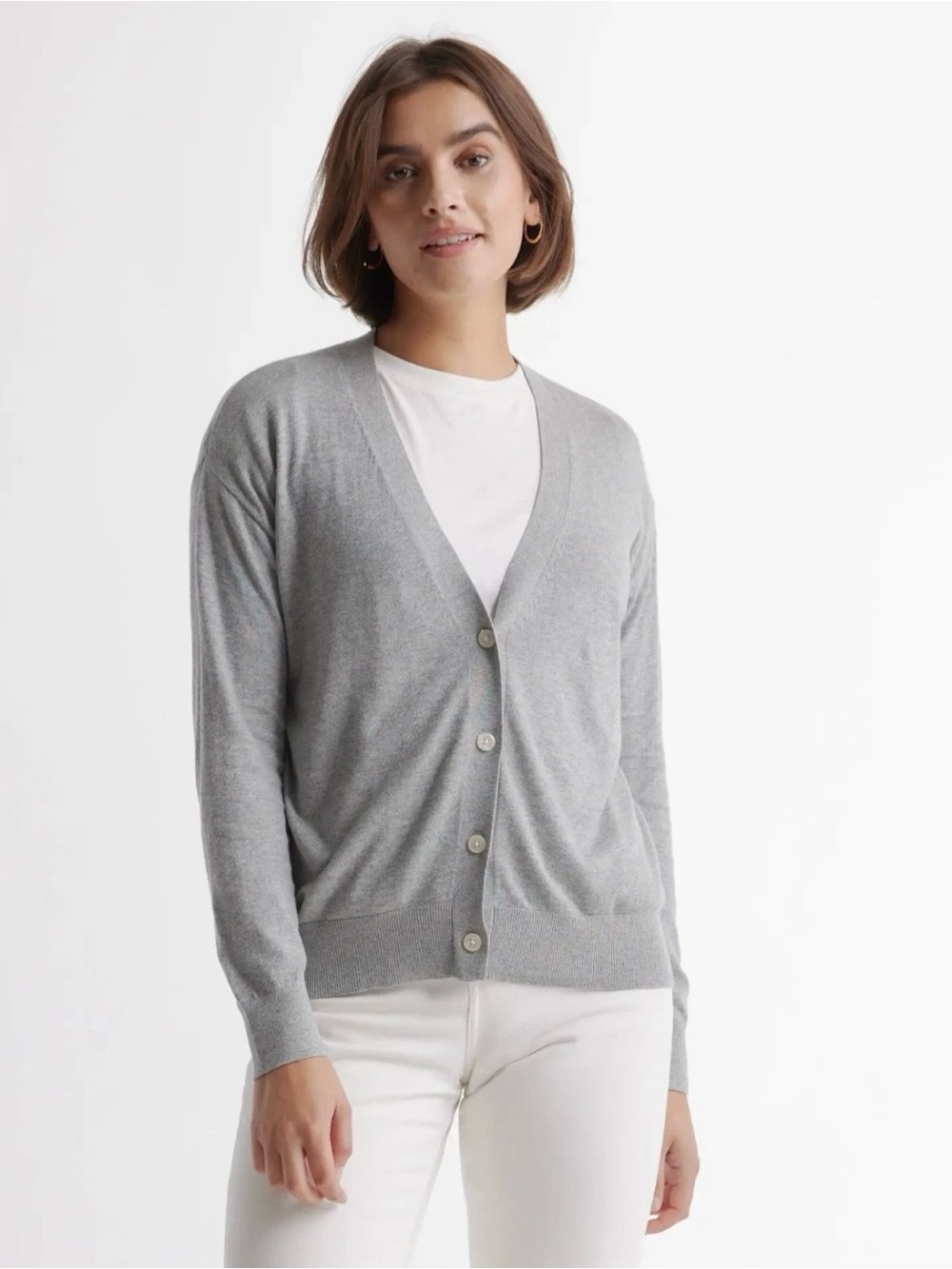Quince Lightweight Organic Cotton Cashmere Cardigan Sweater Luxury Gray Women XL